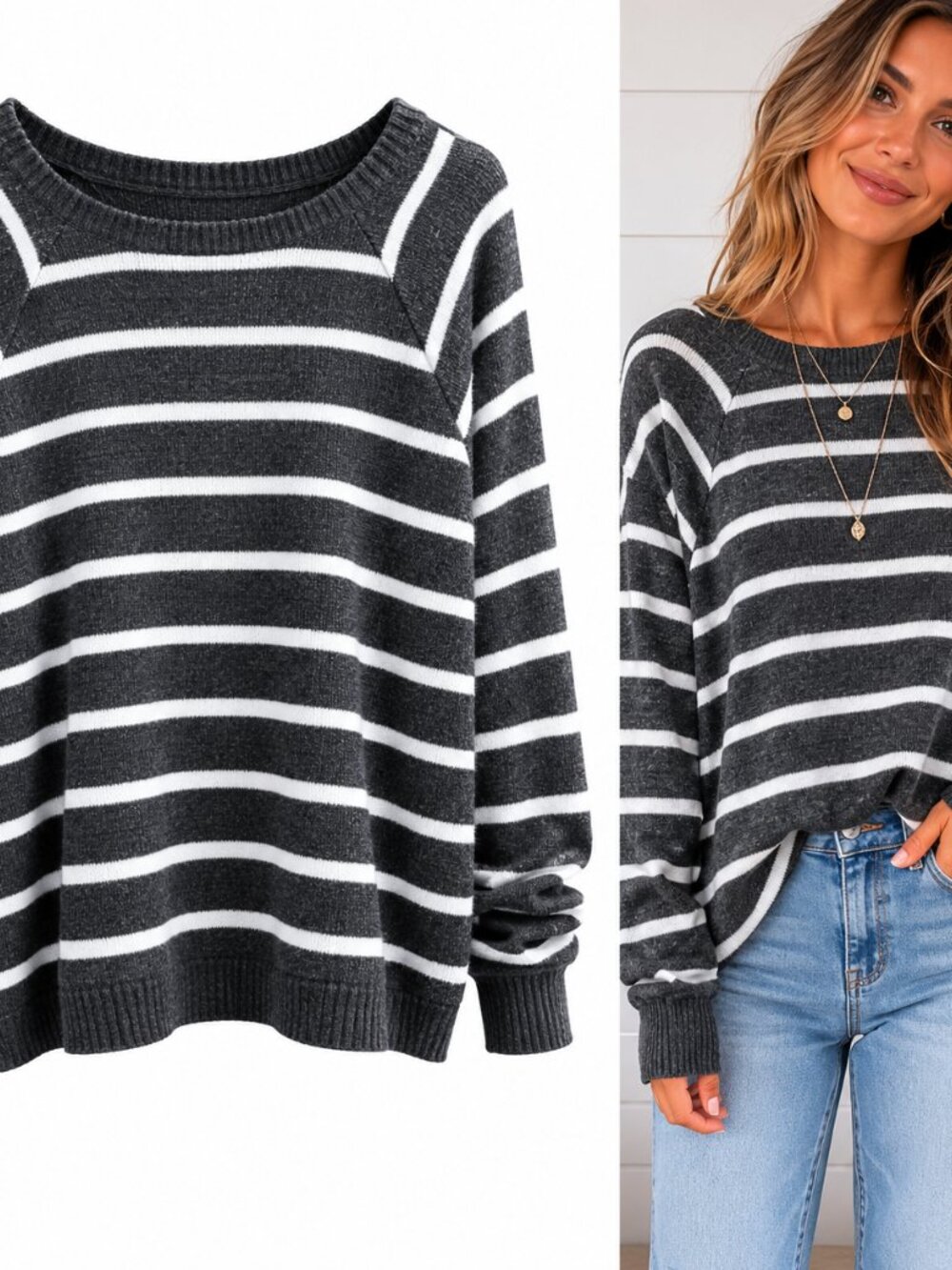B Flawless Striped Sweater Womens Medium Gray White Long Sleeve Knit Pullover To